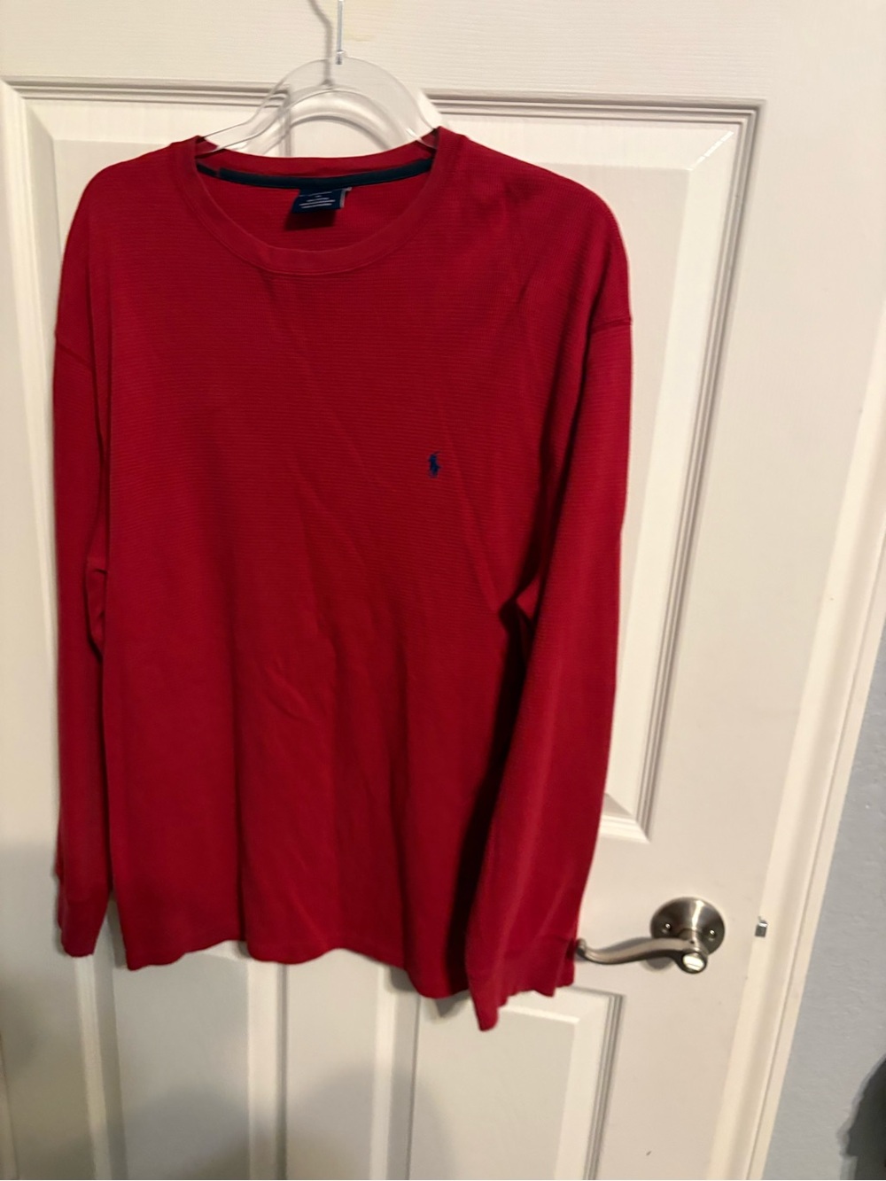 194- Polo by Ralph Lauren Red Long-Sleeve Crewneck Henley with Navy Pony